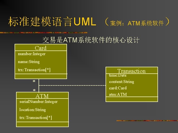 标准建模语言UML （案例：ATM系统软件） 交易是ATM系统软件的核心设计 Card number: Integer name: String trx: Transaction[*] * * ATM serial.