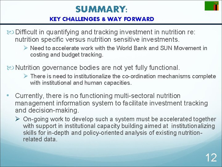 SUMMARY: KEY CHALLENGES & WAY FORWARD Difficult in quantifying and tracking investment in nutrition