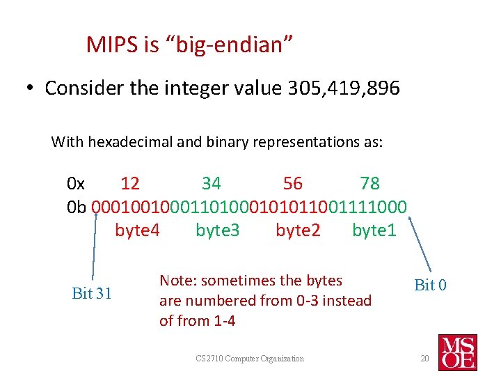 MIPS is “big-endian” • Consider the integer value 305, 419, 896 With hexadecimal and MIPS is “big-endian” • Consider the integer value 305, 419, 896 With hexadecimal and