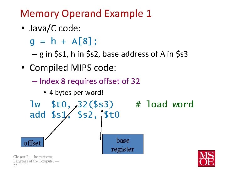 Memory Operand Example 1 • Java/C code: g = h + A[8]; – g