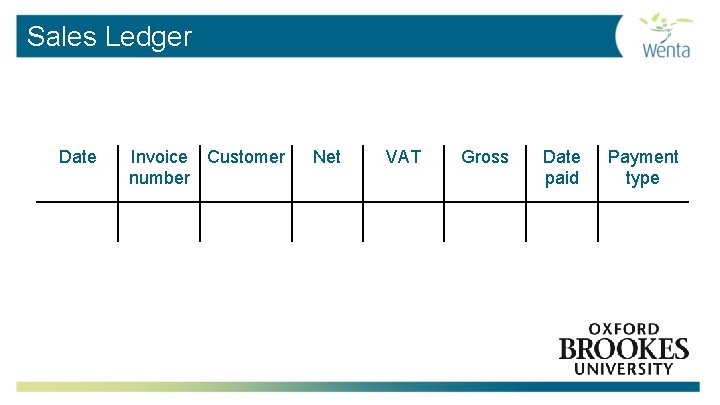 Sales Ledger Date Invoice Customer number Net VAT Gross Date paid Payment type 