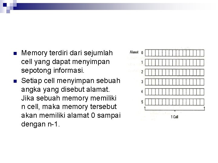 n n Memory terdiri dari sejumlah cell yang dapat menyimpan sepotong informasi. Setiap cell