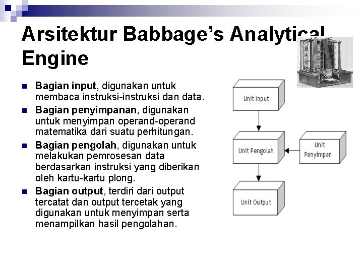 Arsitektur Babbage’s Analytical Engine n n Bagian input, digunakan untuk membaca instruksi-instruksi dan data.
