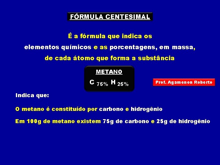 FÓRMULA CENTESIMAL É a fórmula que indica os elementos químicos e as porcentagens, em
