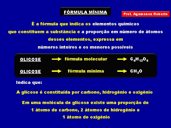 FÓRMULA MÍNIMA Prof. Agamenon Roberto É a fórmula que indica os elementos químicos que