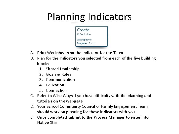 Planning Indicators A. Print Worksheets on the Indicator for the Team B. Plan for