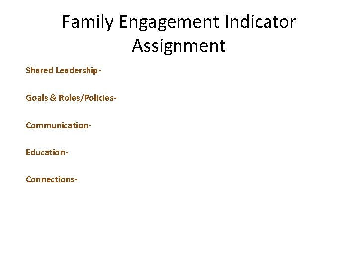 Family Engagement Indicator Assignment Shared Leadership. Goals & Roles/Policies. Communication. Education. Connections- 
