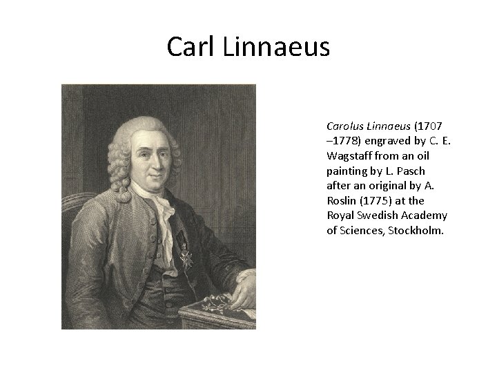 Carl Linnaeus Carolus Linnaeus (1707 – 1778) engraved by C. E. Wagstaff from an