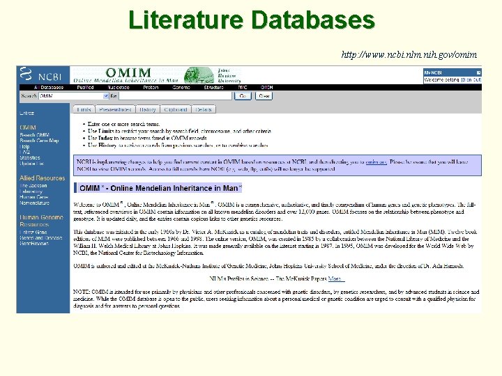 Literature Databases http: //www. ncbi. nlm. nih. gov/omim 