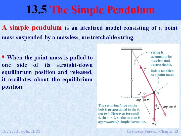 13. 5 The Simple Pendulum A simple pendulum is an idealized model consisting of