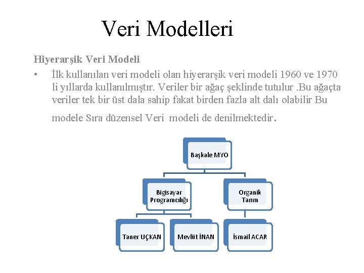 Veri Modelleri Hiyerarşik Veri Modeli • İlk kullanılan veri modeli olan hiyerarşik veri modeli