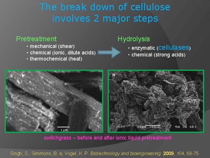 The break down of cellulose involves 2 major steps Pretreatment • mechanical (shear) •