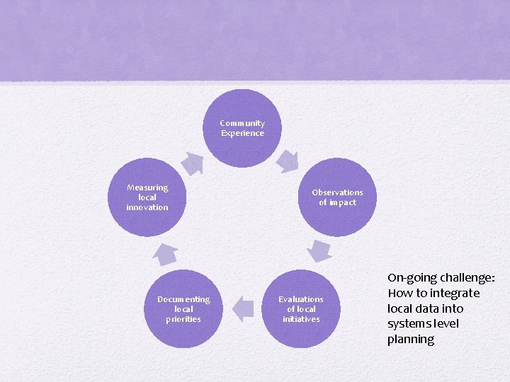 Community Experience Measuring local innovation Documenting local priorities Observations of impact Evaluations of local