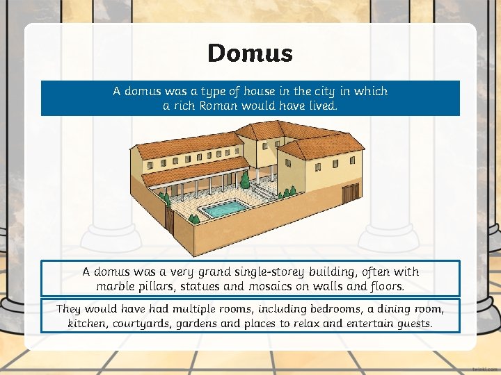 Domus A domus was a type of house in the city in which a