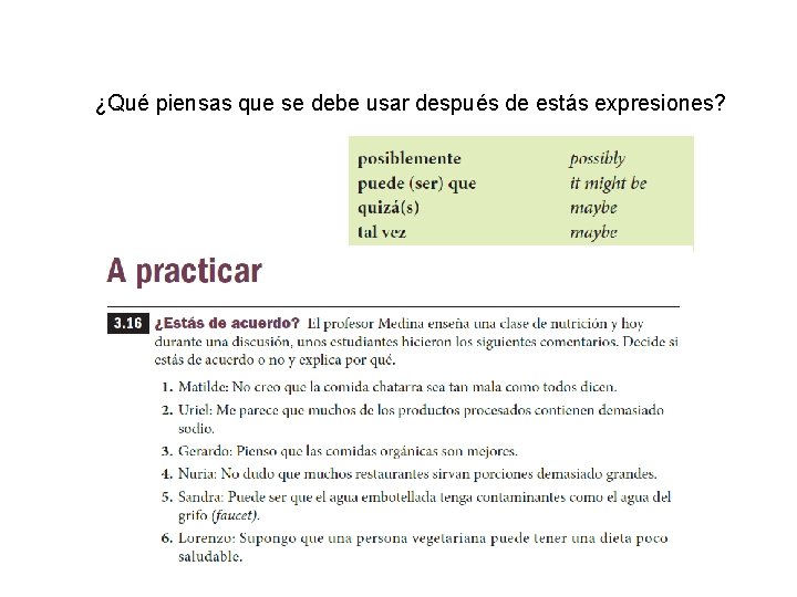 ¿Qué piensas que se debe usar después de estás expresiones? ¿Qué piensas que se debe usar después de estás expresiones?