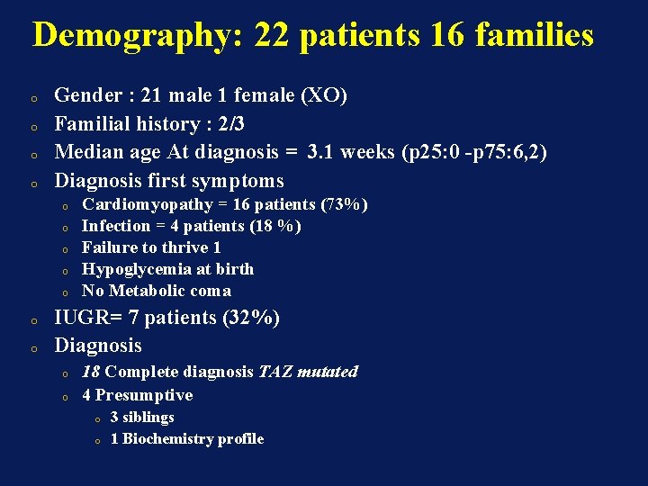 Demography: 22 patients 16 families o o Gender : 21 male 1 female (XO)