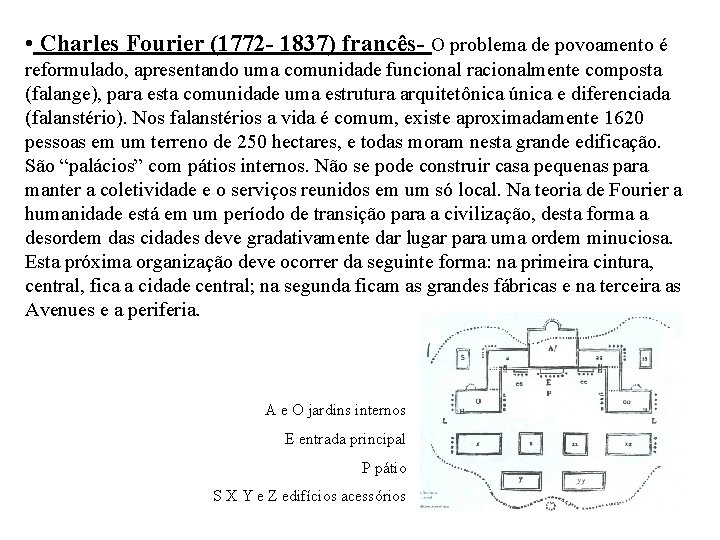  • Charles Fourier (1772 - 1837) francês- O problema de povoamento é reformulado,