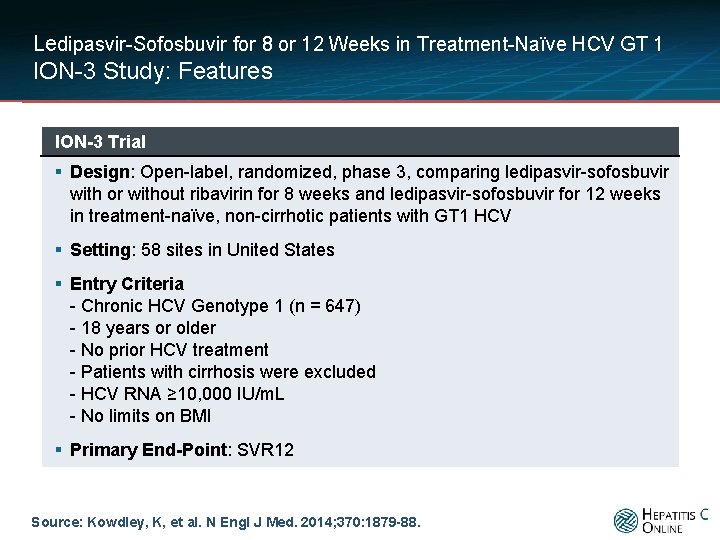 Ledipasvir-Sofosbuvir for 8 or 12 Weeks in Treatment-Naïve HCV GT 1 ION-3 Study: Features