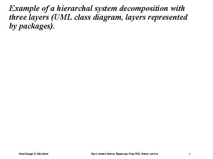 Example of a hierarchal system decomposition with three layers (UML class diagram, layers represented