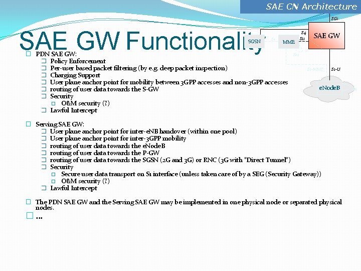 SAE CN Architecture SGi SAE GW Functionality SGSN S 3 MME � PDN SAE