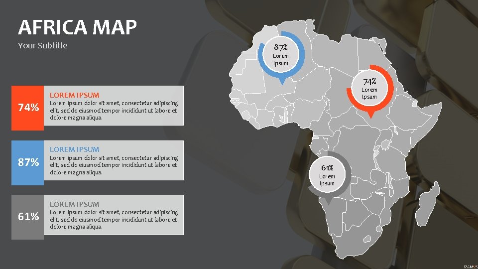 AFRICA MAP Your Subtitle 87% Lorem Ipsum 74% 87% 61% Lorem Ipsum LOREM IPSUM