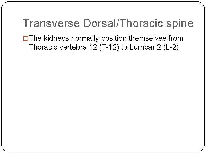 Transverse Dorsal/Thoracic spine �The kidneys normally position themselves from Thoracic vertebra 12 (T-12) to