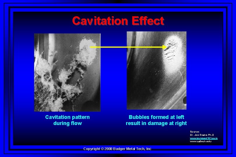 Cavitation Effect Cavitation pattern during flow Bubbles formed at left result in damage at
