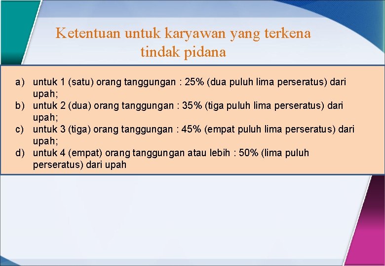 Ketentuan untuk karyawan yang terkena tindak pidana a) untuk 1 (satu) orang tanggungan :