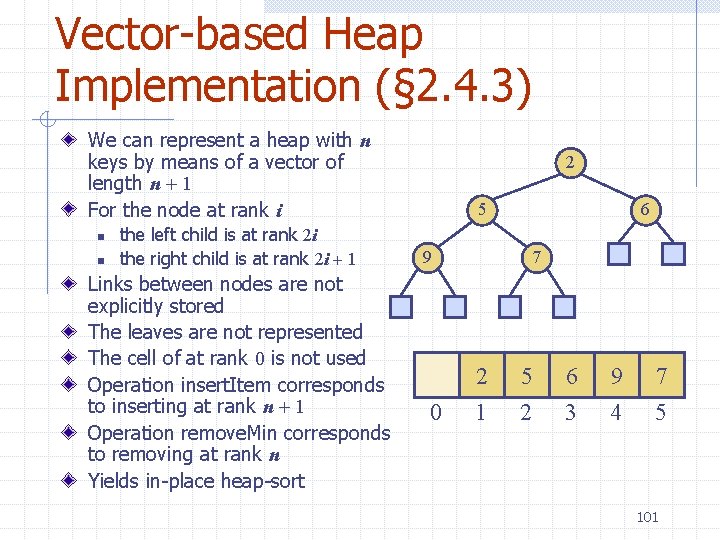 Vector-based Heap Implementation (§ 2. 4. 3) We can represent a heap with n