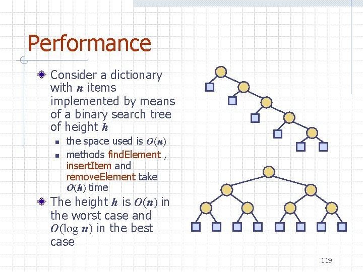 Performance Consider a dictionary with n items implemented by means of a binary search