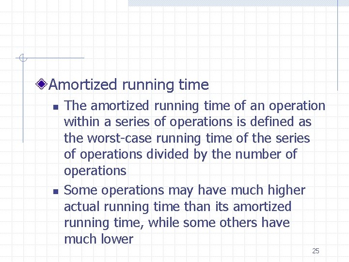 Amortized running time n n The amortized running time of an operation within a