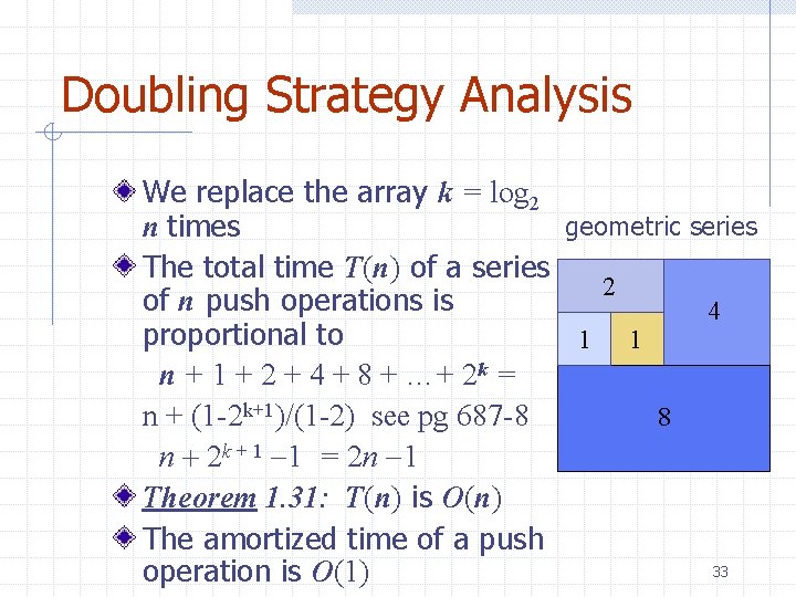 Doubling Strategy Analysis We replace the array k = log 2 geometric series n
