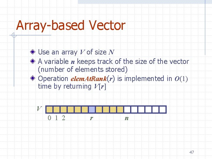 Array-based Vector Use an array V of size N A variable n keeps track