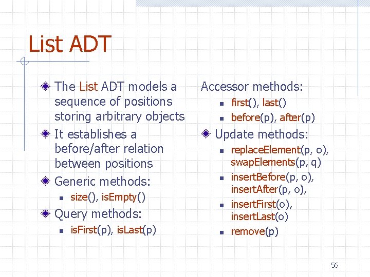 List ADT The List ADT models a sequence of positions storing arbitrary objects It