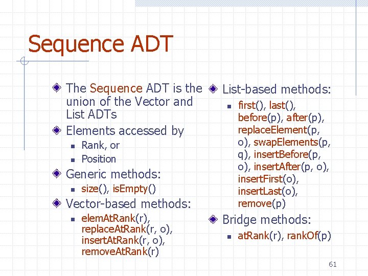Sequence ADT The Sequence ADT is the union of the Vector and List ADTs