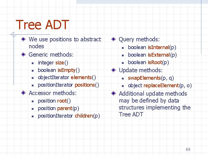 Tree ADT We use positions to abstract nodes Generic methods: n n integer size()