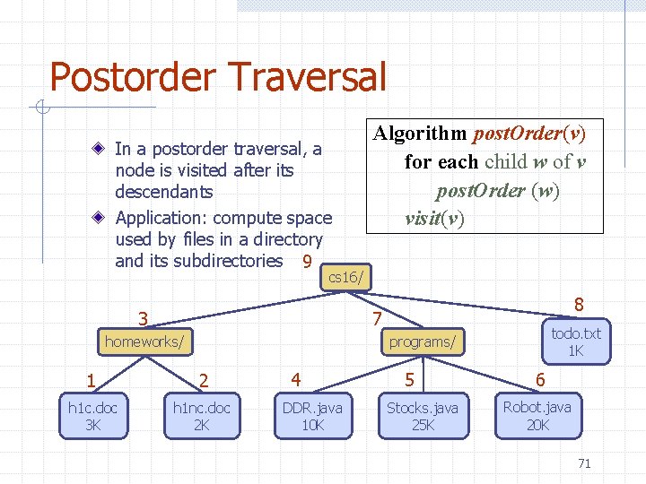 Postorder Traversal In a postorder traversal, a node is visited after its descendants Application: