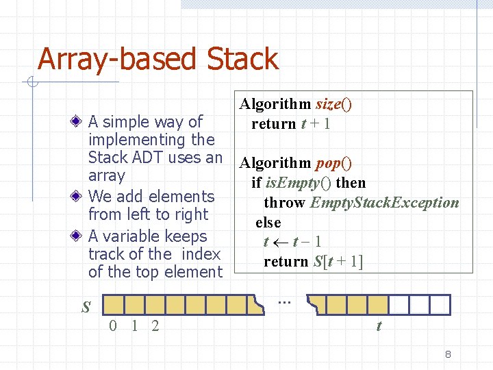 Array-based Stack Algorithm size() return t + 1 A simple way of implementing the