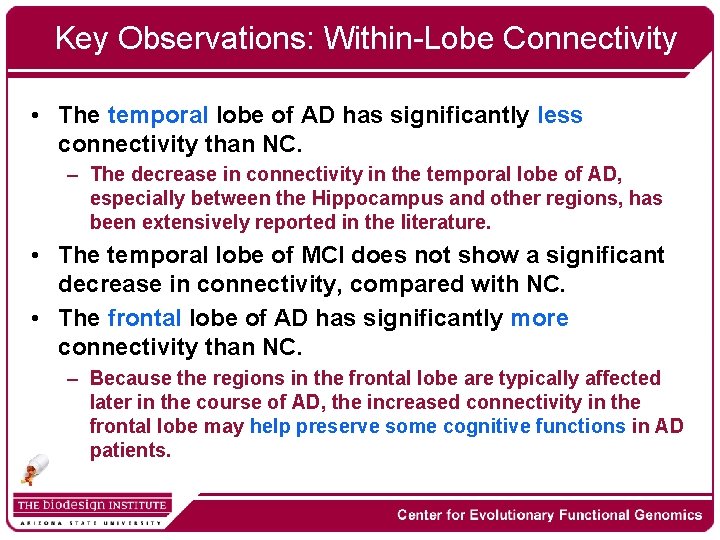 Key Observations: Within-Lobe Connectivity • The temporal lobe of AD has significantly less connectivity