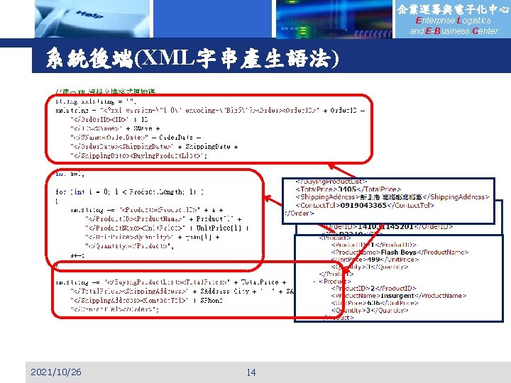 企業運籌與電子化中心 Enterprise Logistics and E-Business Center 系統後端(XML字串產生語法) 2021/10/26 14 