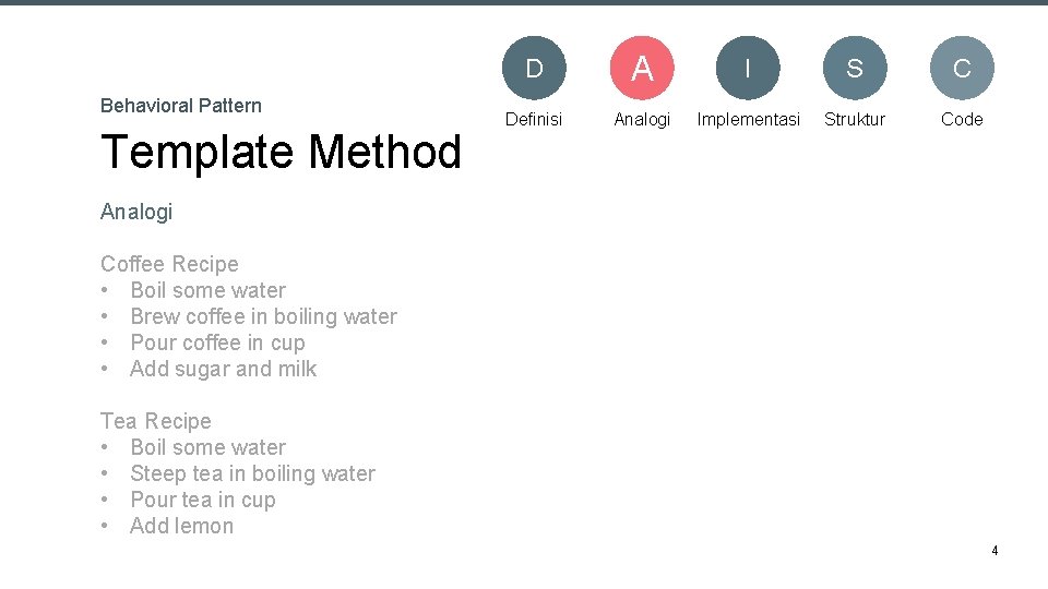 Behavioral Pattern Template Method D A I S C Definisi Analogi Implementasi Struktur Code