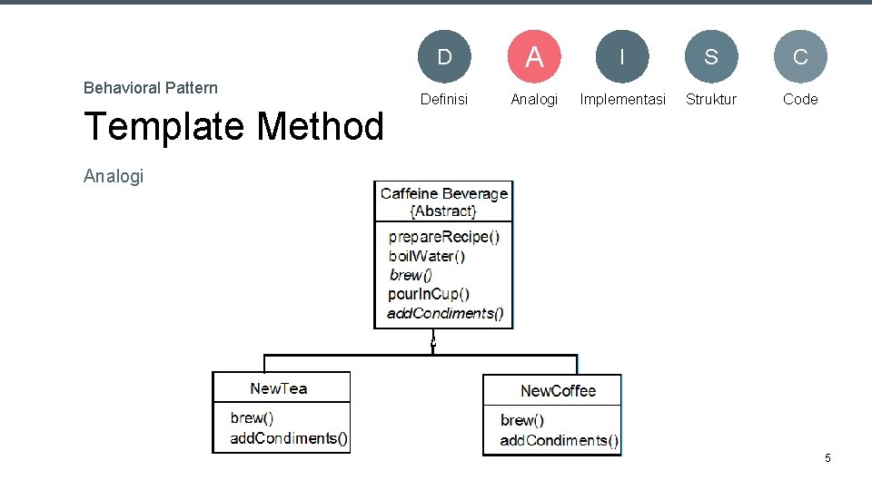 Behavioral Pattern Template Method D A I S C Definisi Analogi Implementasi Struktur Code