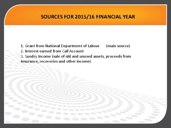 SOURCES FOR 2015/16 FINANCIAL YEAR 1. Grant from National Department of Labour (main source)