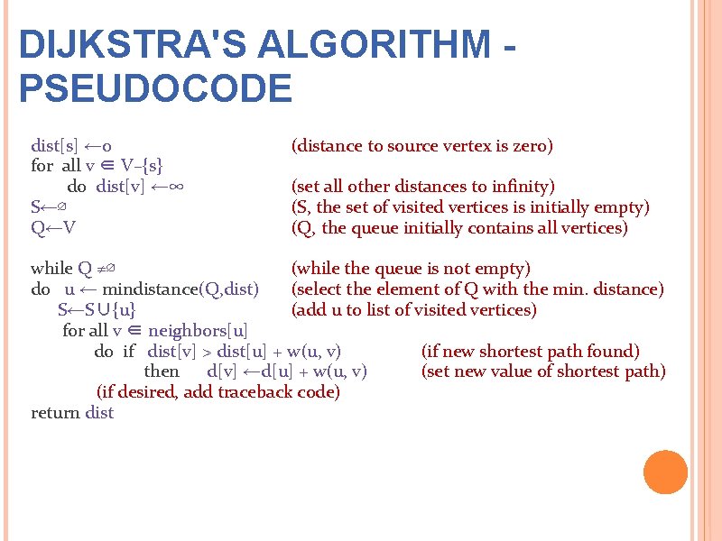 DIJKSTRA'S ALGORITHM PSEUDOCODE dist[s] ← 0 for all v ∈ V–{s} do dist[v] ←∞