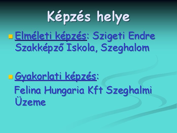 Képzés helye n Elméleti képzés: Szigeti Endre Szakképző Iskola, Szeghalom n Gyakorlati képzés: Felina