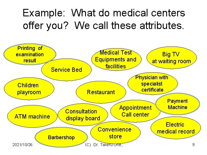 Example: What do medical centers offer you? We call these attributes. Printing of examination