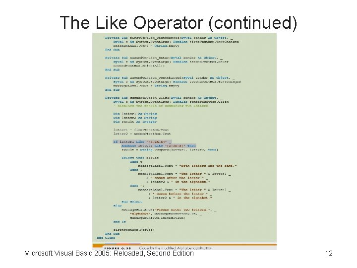 The Like Operator (continued) Microsoft Visual Basic 2005: Reloaded, Second Edition 12 