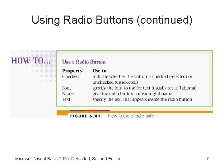 Using Radio Buttons (continued) Microsoft Visual Basic 2005: Reloaded, Second Edition 17 