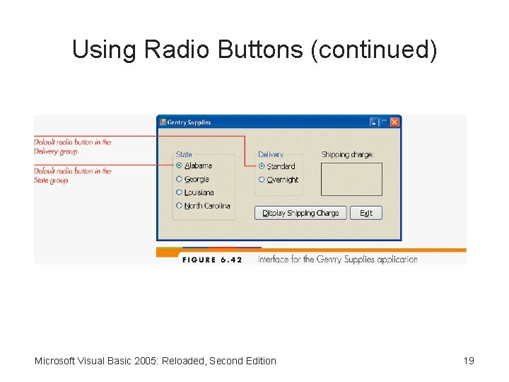 Using Radio Buttons (continued) Microsoft Visual Basic 2005: Reloaded, Second Edition 19 