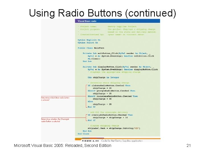 Using Radio Buttons (continued) Microsoft Visual Basic 2005: Reloaded, Second Edition 21 